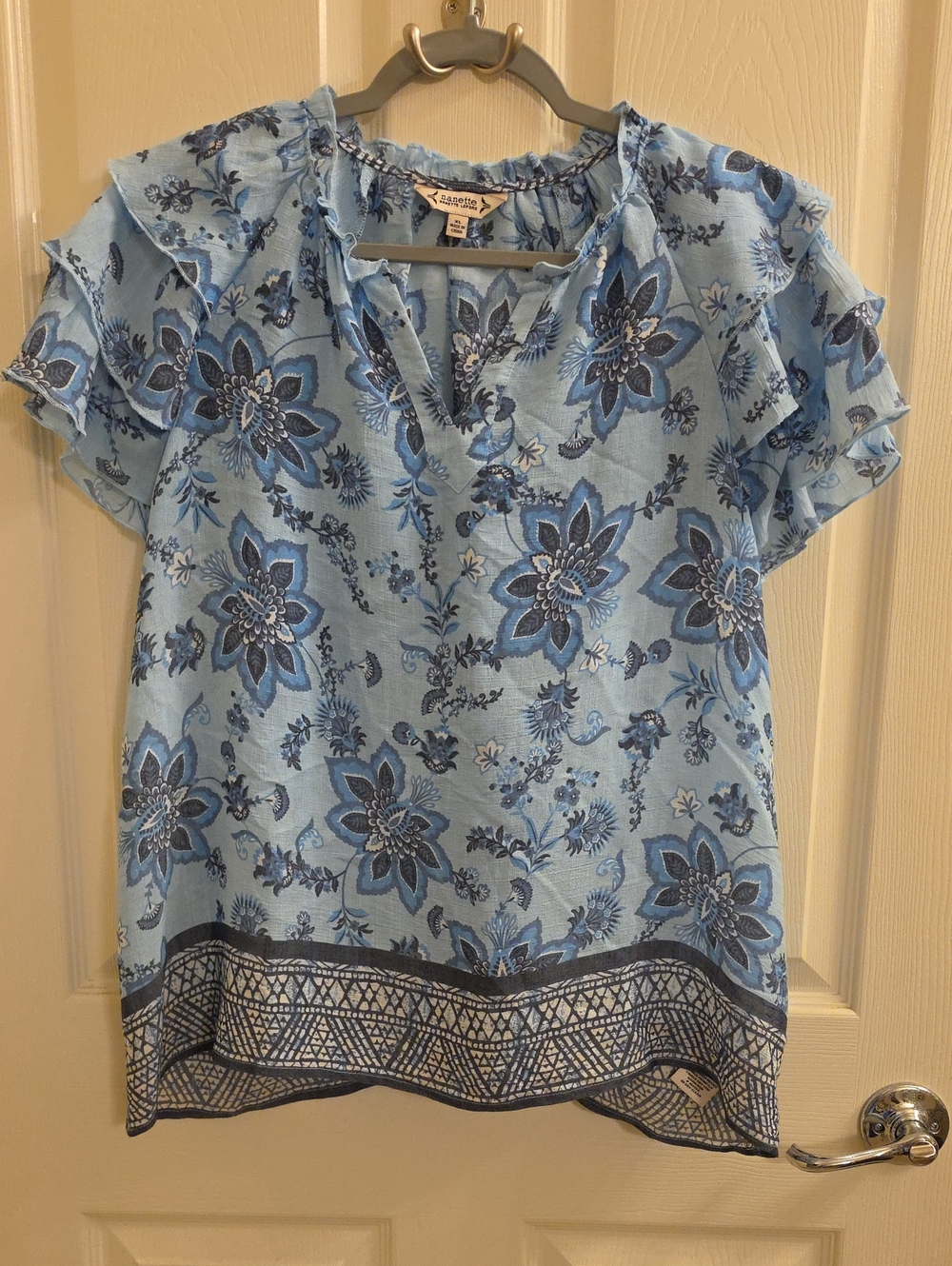 Nanette Lepore Blue Floral Ruffle Sleeve Blouse
